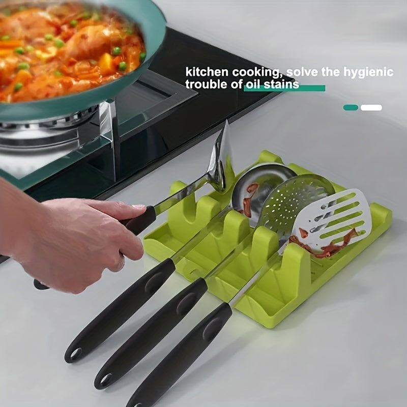 1pc White/Green Kitchen Utensil Holder with 4 Slots, Multi-Functional Stove Utensil Organizer, Smooth Plastic Easy-to-Clean Design with Hanging Hole for Drying, Raised Edge Anti-Spill Design, Suitable for Spatulas, Ladles, Ch