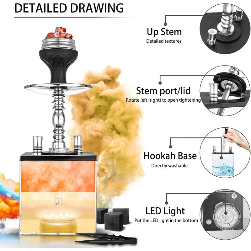 2 Hose Set Micro Cube Acrylic with Bowl Coal Tong Charcoal Holder Magical Remote LED Light Better Narguile Smoking, Smoking Accessories, Shisha Setup, Stylish Smoking Kit, Compact Design, Highquality Hoses, Acrylic Constructi