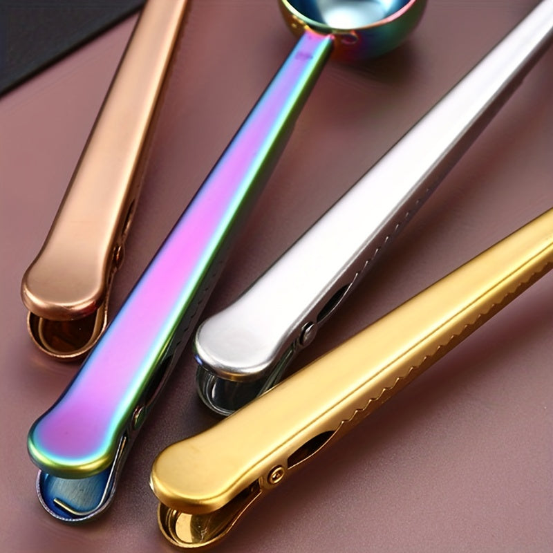 1pc Coffee Scoops With Bag Clip, 2 In 1 Stainless Steel Measuring Spoon, Sealing Clamps, Multifunctional Milk Powder Scoop With Sealing Clip, Kitchen Accessories