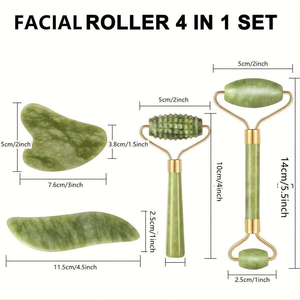 4pcs Facial Roller & Gua Sha Set, Facial Roller Massager with Gua Sha Scraping Tool, Stone Massager