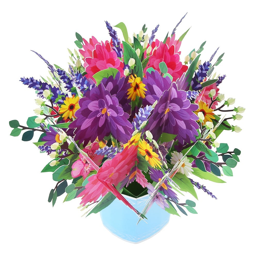 1pc Exquisite 3D Pop Up Spring Bouquet Greeting Card - Handmade Paper Carved Cartoon Card for Birthday, Spring Wedding, Anniversary, Get Well, Sympathy - Unique Party Favors, Decorative Gift Supplies with Delicate Floral Desi