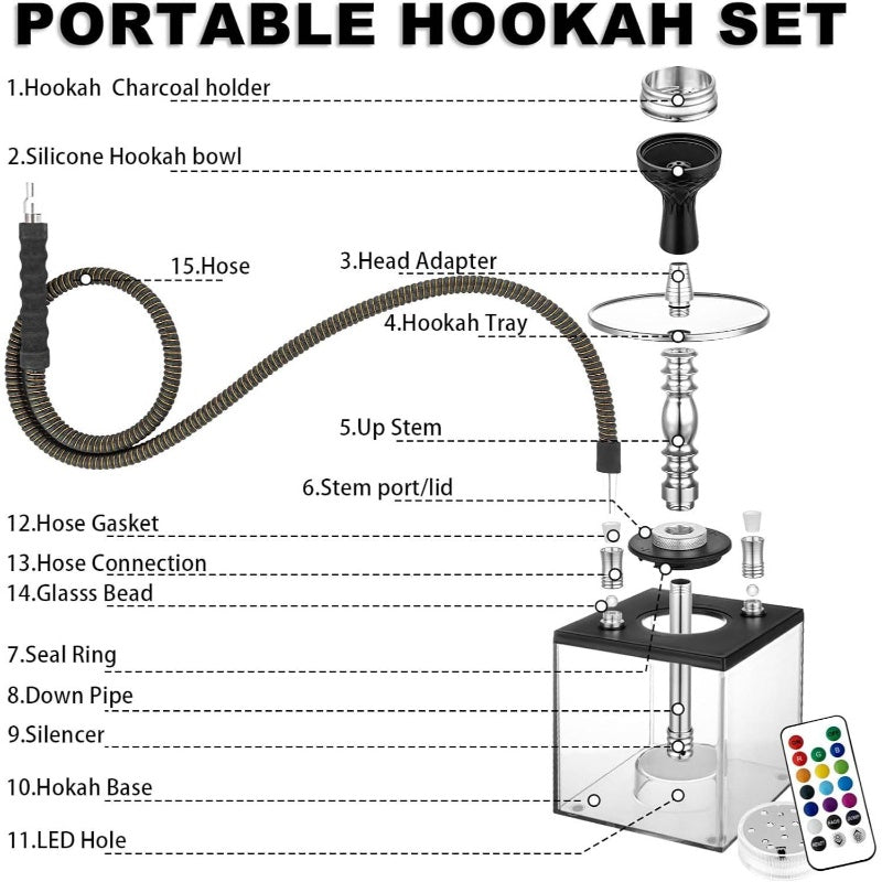 2 Hose Set Micro Cube Acrylic with Bowl Coal Tong Charcoal Holder Magical Remote LED Light Better Narguile Smoking, Smoking Accessories, Shisha Setup, Stylish Smoking Kit, Compact Design, Highquality Hoses, Acrylic Constructi