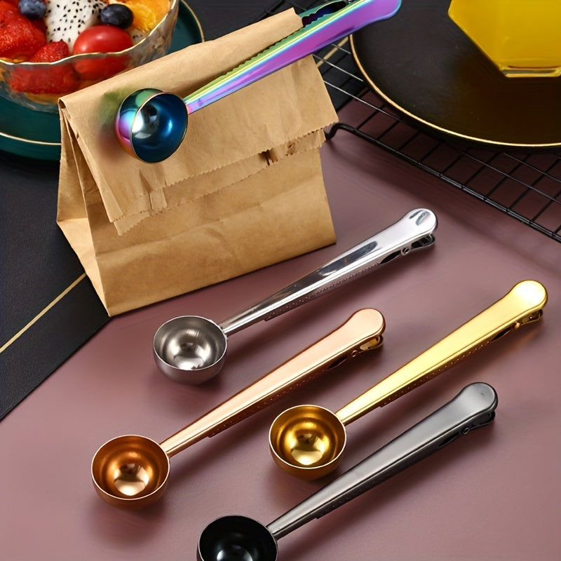 1pc Coffee Scoops With Bag Clip, 2 In 1 Stainless Steel Measuring Spoon, Sealing Clamps, Multifunctional Milk Powder Scoop With Sealing Clip, Kitchen Accessories