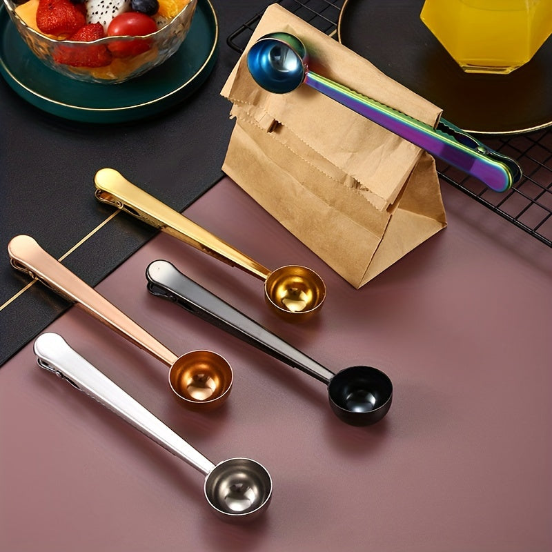 1pc Coffee Scoops With Bag Clip, 2 In 1 Stainless Steel Measuring Spoon, Sealing Clamps, Multifunctional Milk Powder Scoop With Sealing Clip, Kitchen Accessories