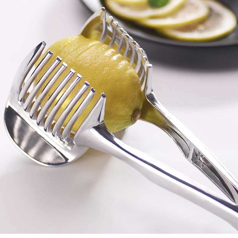 1pc Tomato Lemon Slicer, Round Fruit Onion Slicer with Knife Handle Guide Pliers, Stainless Steel Kitchen Potato Lime Food Holder