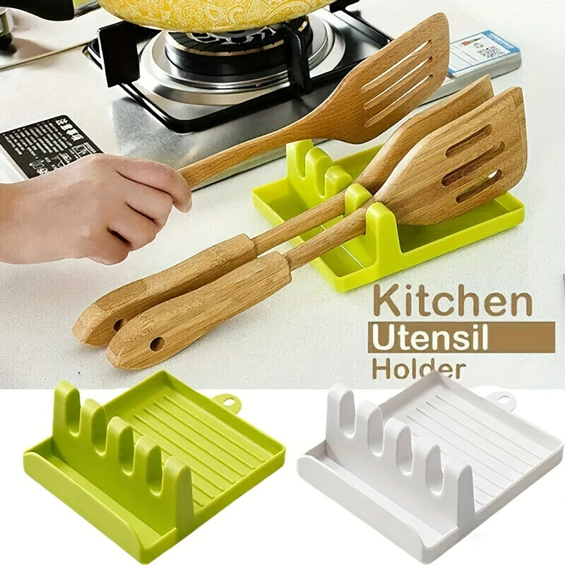 1pc White/Green Kitchen Utensil Holder with 4 Slots, Multi-Functional Stove Utensil Organizer, Smooth Plastic Easy-to-Clean Design with Hanging Hole for Drying, Raised Edge Anti-Spill Design, Suitable for Spatulas, Ladles, Ch