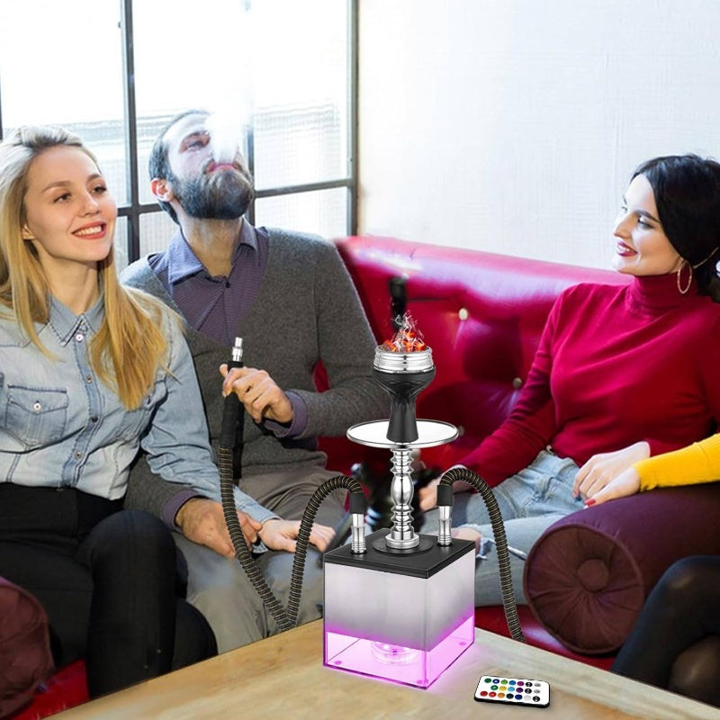 2 Hose Set Micro Cube Acrylic with Bowl Coal Tong Charcoal Holder Magical Remote LED Light Better Narguile Smoking, Smoking Accessories, Shisha Setup, Stylish Smoking Kit, Compact Design, Highquality Hoses, Acrylic Constructi