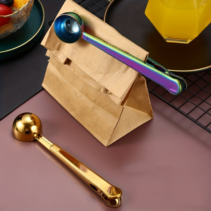 1pc Coffee Scoops With Bag Clip, 2 In 1 Stainless Steel Measuring Spoon, Sealing Clamps, Multifunctional Milk Powder Scoop With Sealing Clip, Kitchen Accessories