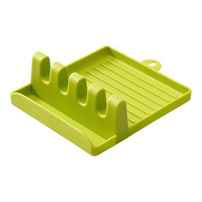 1pc White/Green Kitchen Utensil Holder with 4 Slots, Multi-Functional Stove Utensil Organizer, Smooth Plastic Easy-to-Clean Design with Hanging Hole for Drying, Raised Edge Anti-Spill Design, Suitable for Spatulas, Ladles, Ch