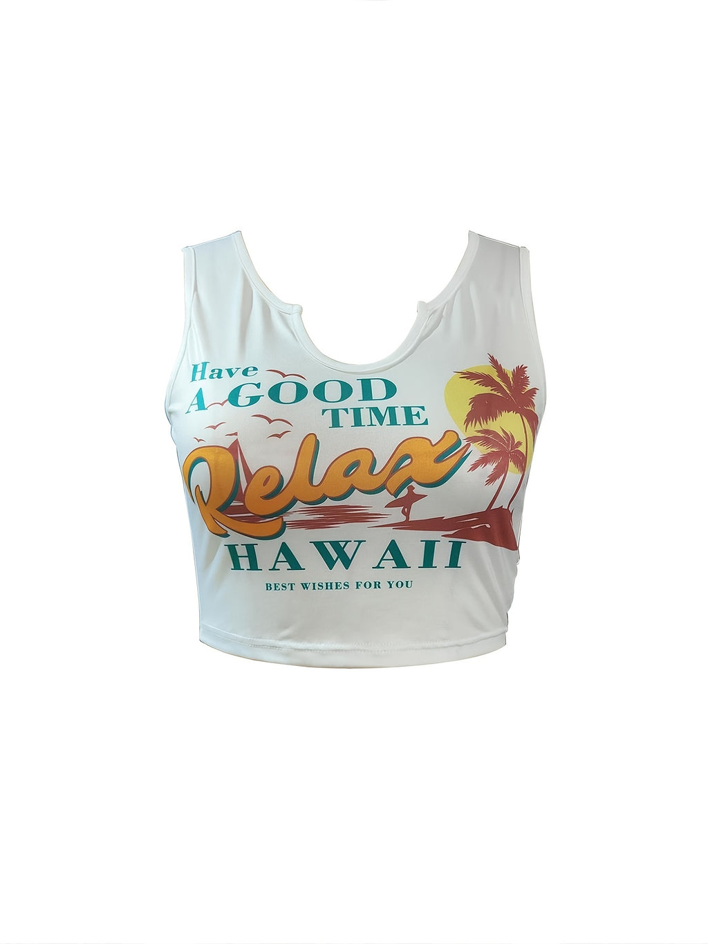 Coconut Tree Print Holiday Tank Top, Irregular Bare Midriff Round Neck Mature Tank Top, Women's Clothing