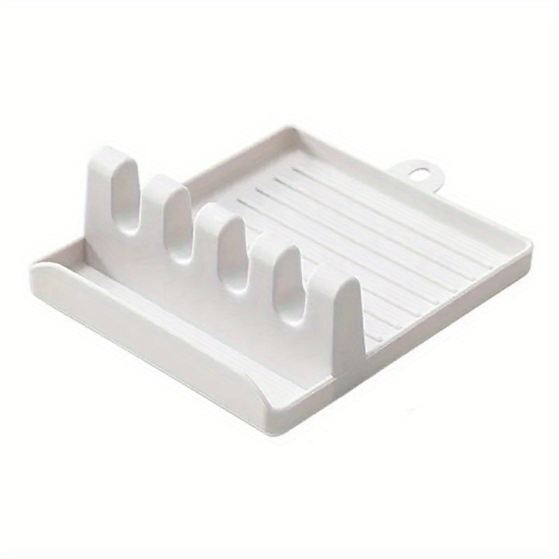 1pc White/Green Kitchen Utensil Holder with 4 Slots, Multi-Functional Stove Utensil Organizer, Smooth Plastic Easy-to-Clean Design with Hanging Hole for Drying, Raised Edge Anti-Spill Design, Suitable for Spatulas, Ladles, Ch