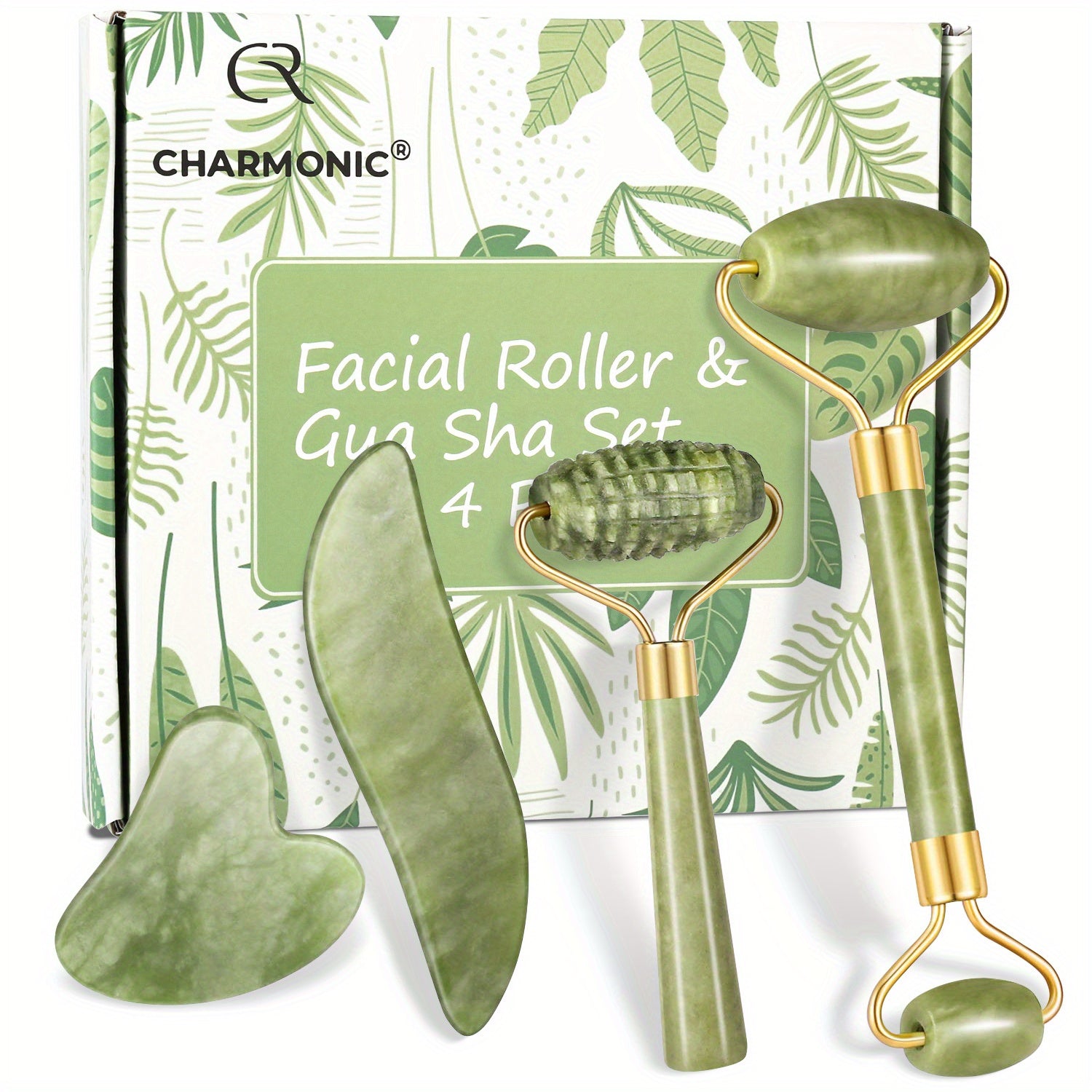 4pcs Facial Roller & Gua Sha Set, Facial Roller Massager with Gua Sha Scraping Tool, Stone Massager