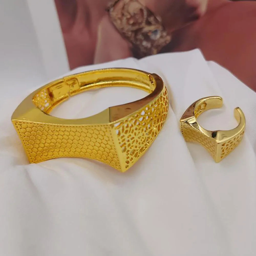 ethiopian hand gold color bracelet bangles rings set for Women bracelet Rings Jewelry Gift Weddings party set