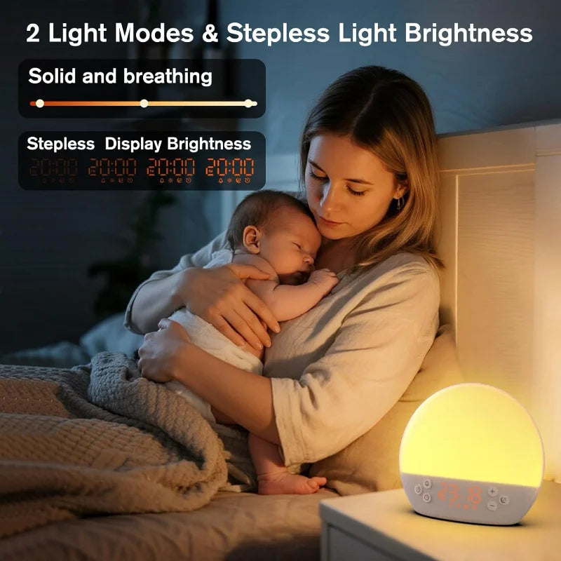 Digital Alarm Clock with Sunrise Simulation Dimmable Night Light White Noise Sound Machine with 30 Soothing Sound for Home Decor