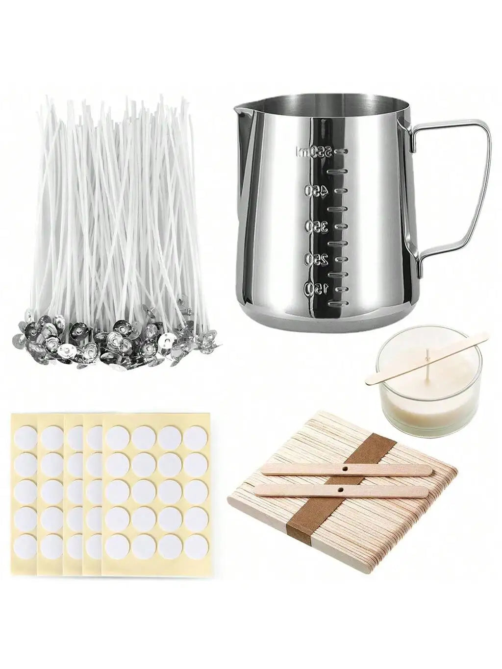 Candle Making Kit Supplies, DIY Candle Craft Tools, 1 Stainless Steel Candle Making Pot, 100 Candle Wicks, 100 Candle Wick Stickers and 50 Pcs 1 Hole Candle Wick Holder