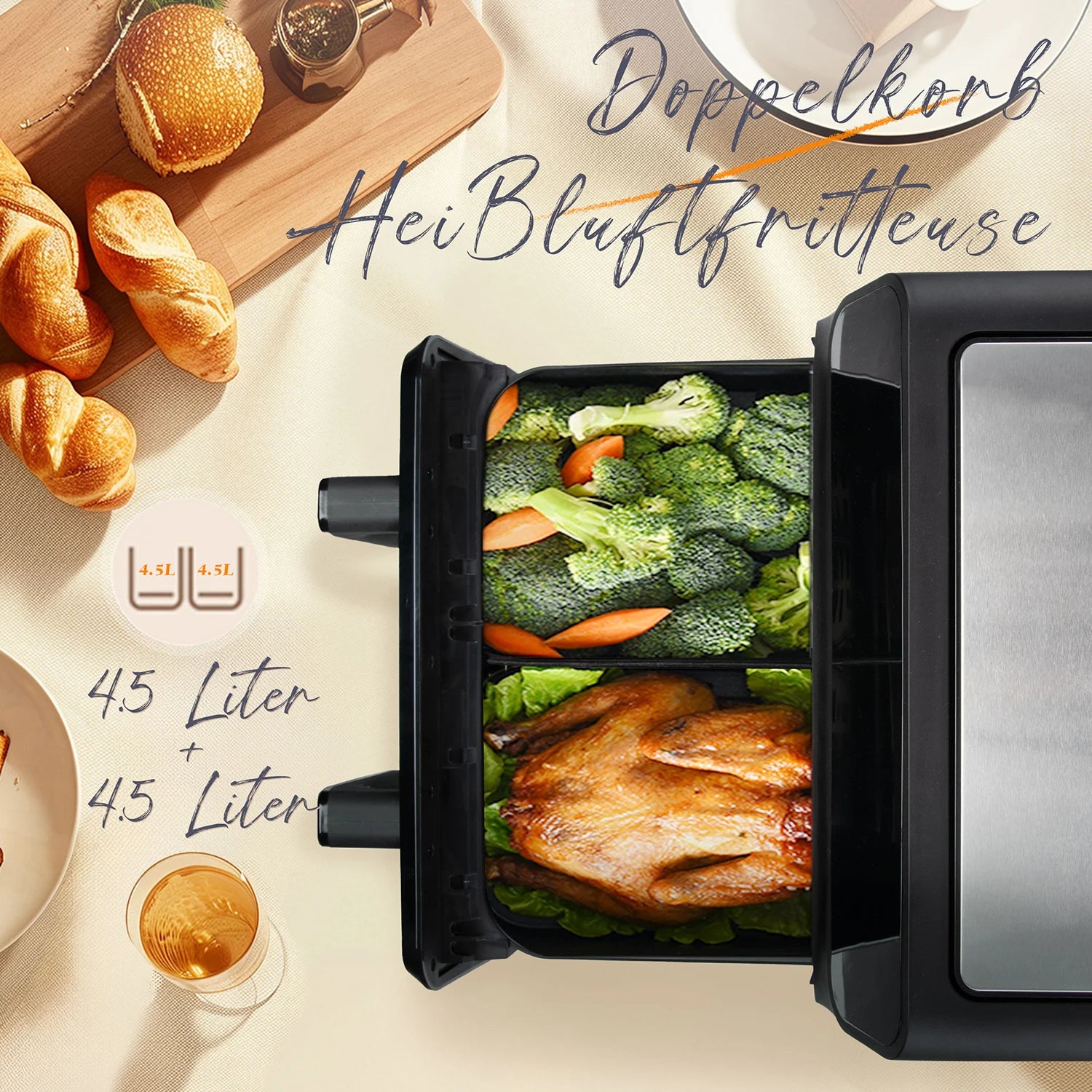 2200W Hot Air Fryer Dual Basket 9L Multi-Function Air Fryers with LED Touch Screen Timable Auto Programmes,Family Oven Size