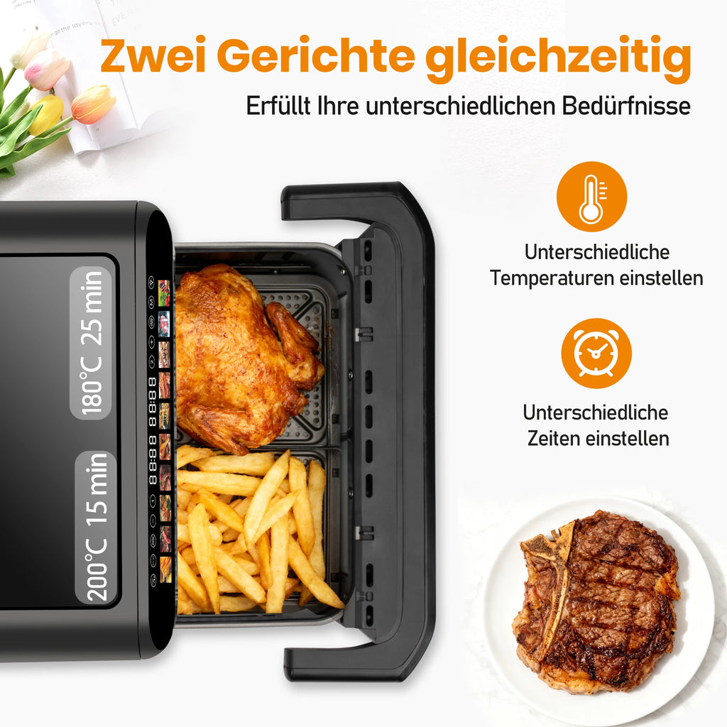10L Family-Size Dual Basket Air Fryer Oven,Oil-Free Cooker with LED Touch Control & Viewing Window,Air Fryers Smart machine