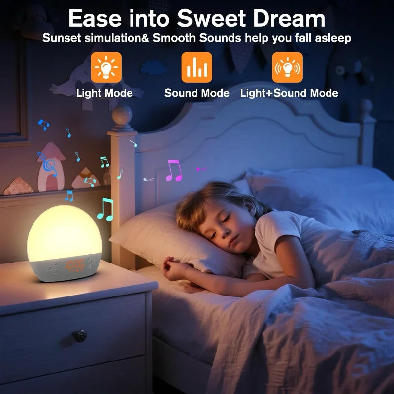 Digital Alarm Clock with Sunrise Simulation Dimmable Night Light White Noise Sound Machine with 30 Soothing Sound for Home Decor