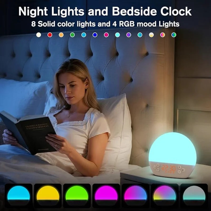 Digital Alarm Clock with Sunrise Simulation Dimmable Night Light White Noise Sound Machine with 30 Soothing Sound for Home Decor
