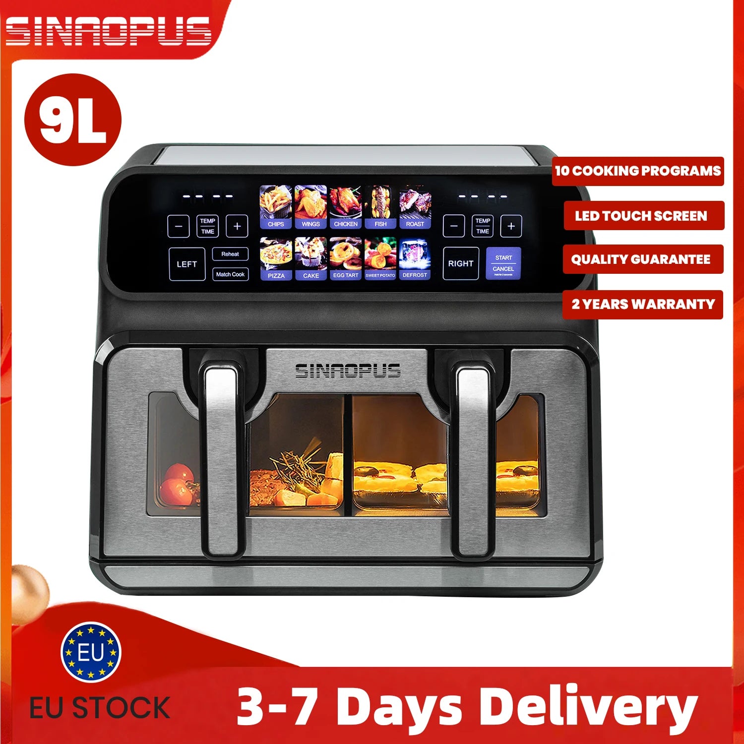 2200W Hot Air Fryer Dual Basket 9L Multi-Function Air Fryers with LED Touch Screen Timable Auto Programmes,Family Oven Size