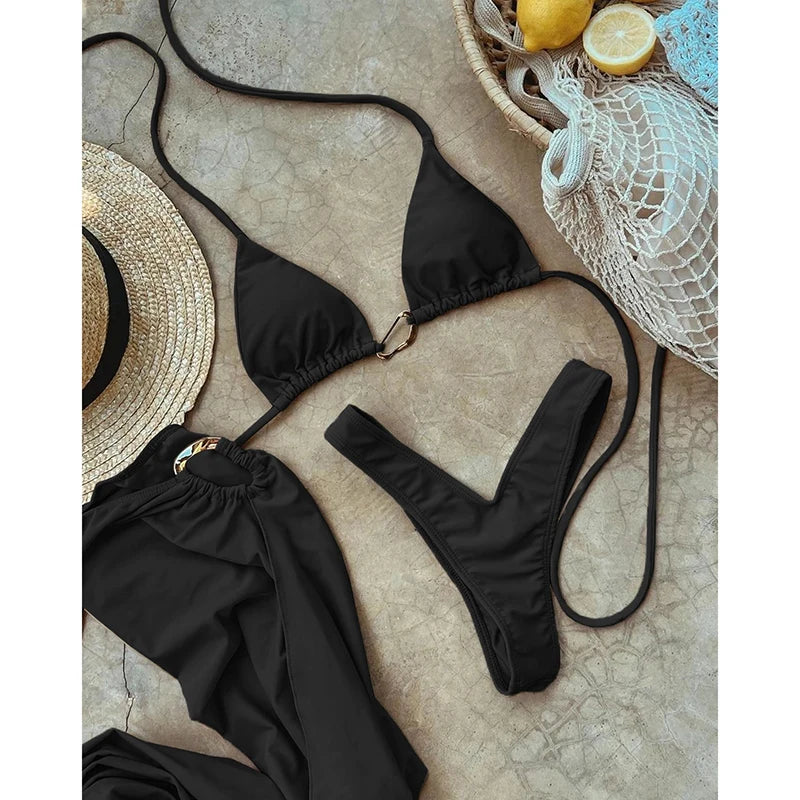3 Pieces Swimwear Women Micro Bikini Sexy Triangle Split Bathing Suit Bikini Set Long Skirt Cover up Swimming Swimsuit Beachwear