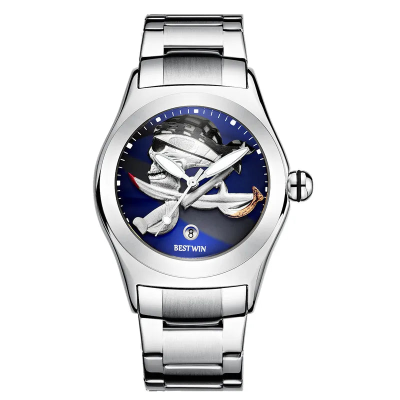 BESTWIN 6724 Fashion Men's Quartz Watch Skull 3D Engraving Automatic Date Stainless Steel Strap Luminous Waterproof Men's Watch
