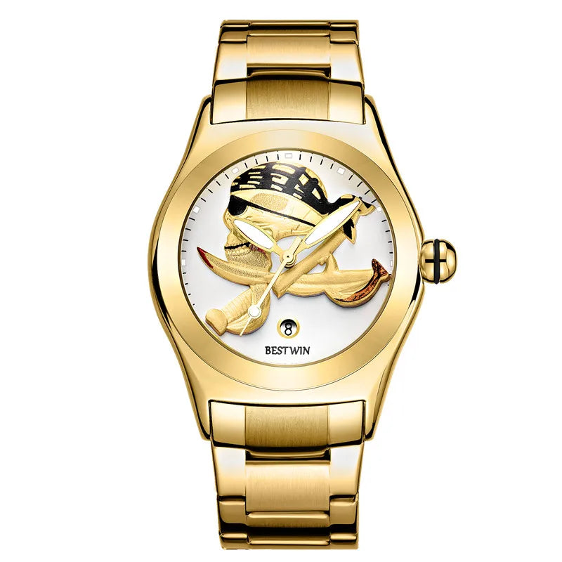 BESTWIN 6724 Fashion Men's Quartz Watch Skull 3D Engraving Automatic Date Stainless Steel Strap Luminous Waterproof Men's Watch