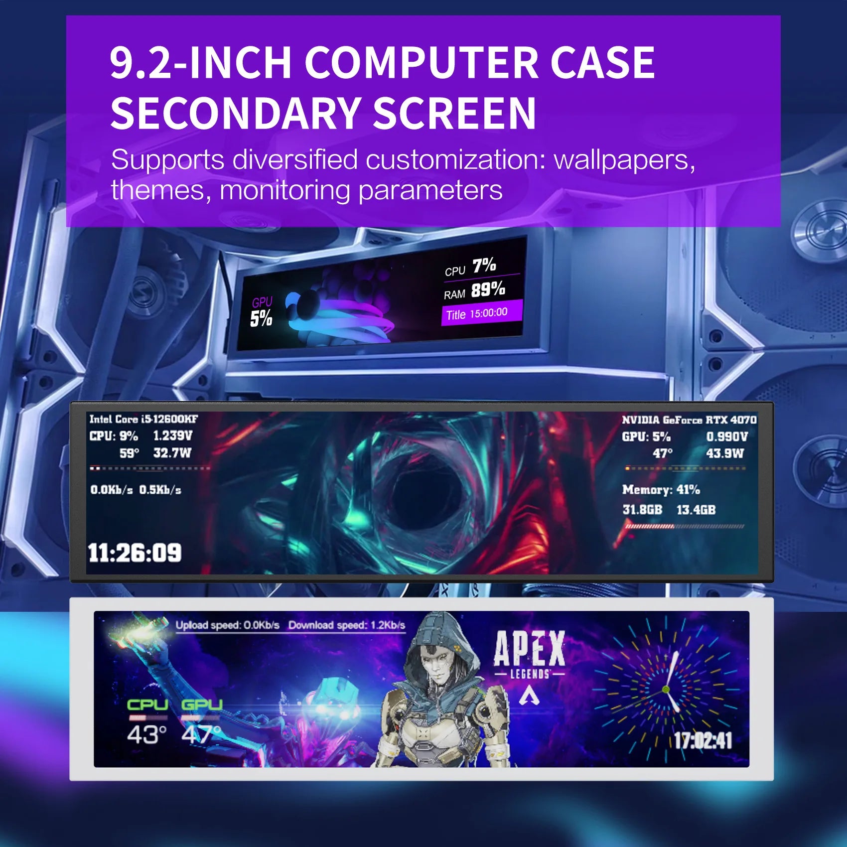 9.2 Inch Chassis Sub-screen Long bar Screen Computer Performance Monitoring CPU Temperature Customizable DIY Theme Type-C USB
