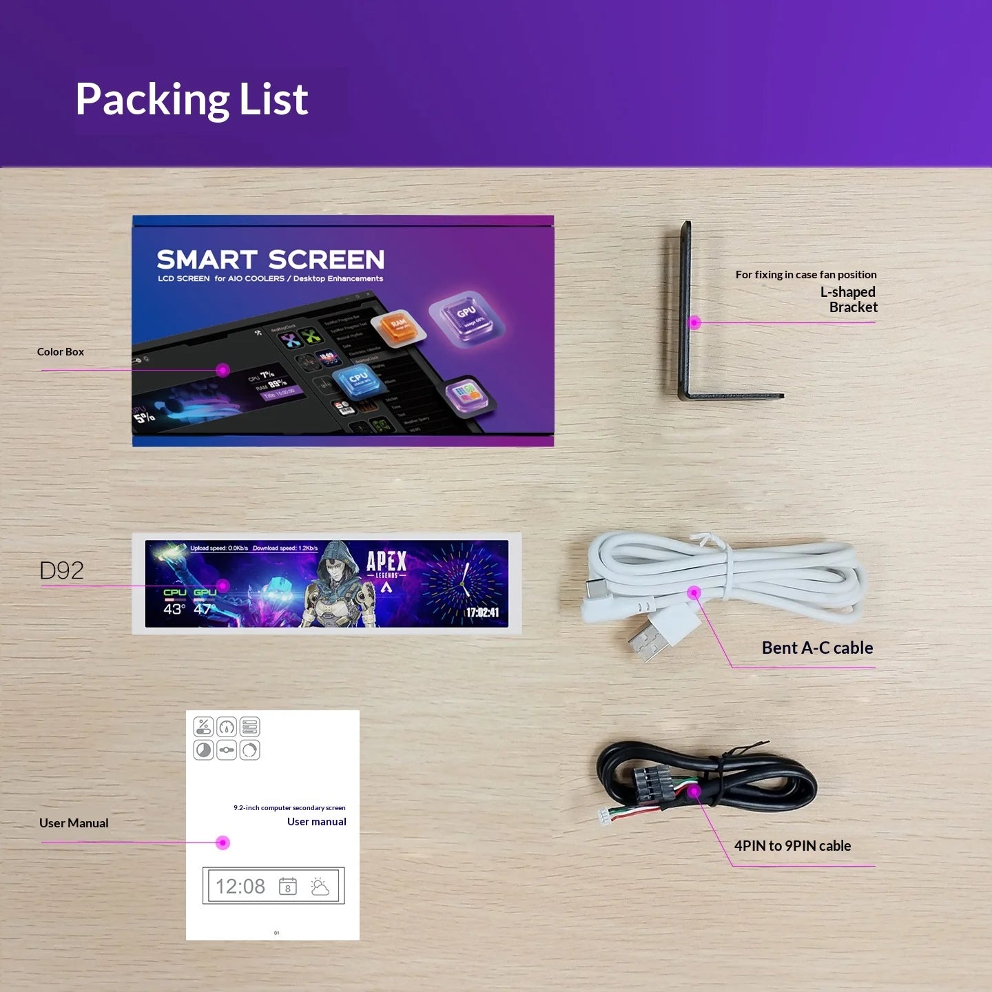 9.2 Inch Chassis Sub-screen Long bar Screen Computer Performance Monitoring CPU Temperature Customizable DIY Theme Type-C USB