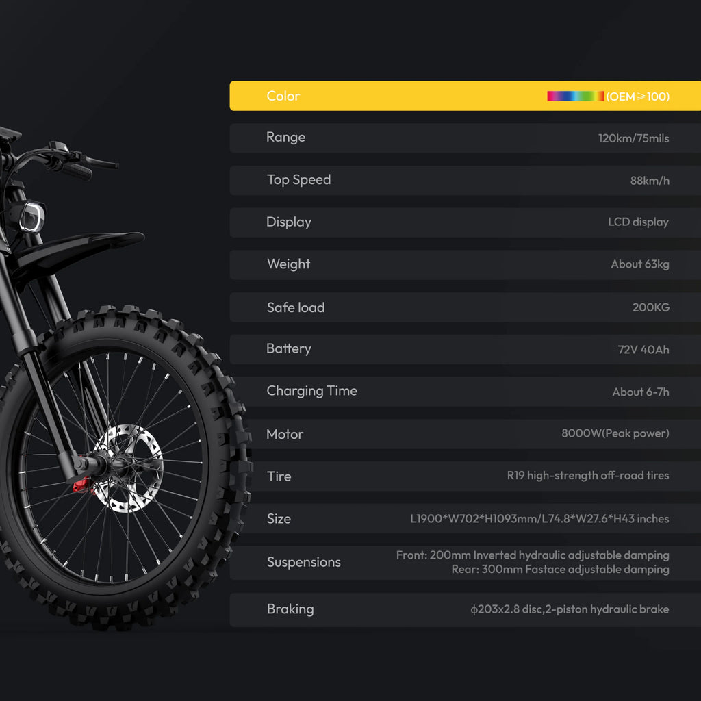 8000w 72v Dirt Bike Motocross Motorcycle 19 Inch Tires Long Range for Trail & Mountain Riding for Adults