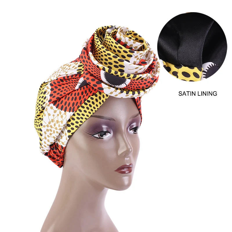 Big Flower Women's African Turban Cap Satin Lining Africa Pattern Printed Headwear Hat Female Head Wraps Ankara Hair Head Hat