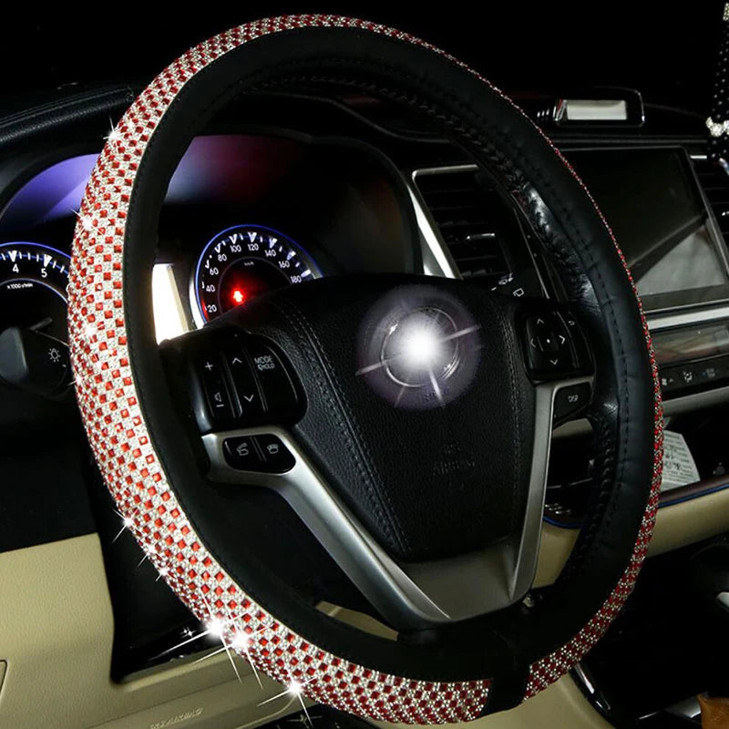 Crystal Leather Car Steering Wheel Covers Case Diamond For Women Ladies Steering Wheel Sleeve Universal Auto Handlebar Covers
