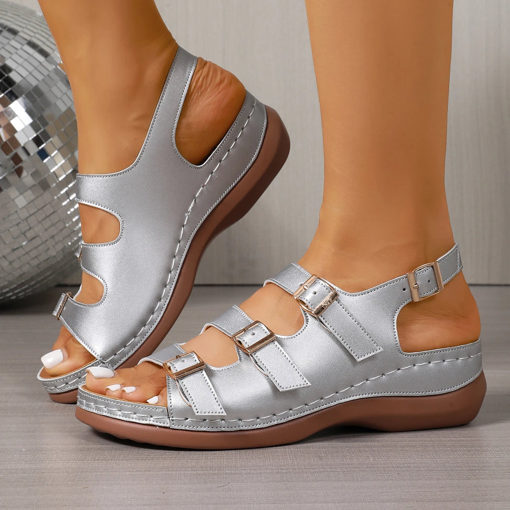 2025 New Women's Summer White Open-Toe Wedge Heel Sandals-Buckle Strap Rhinestone PU Upper Platform Rubber Outsole Comfort Daily
