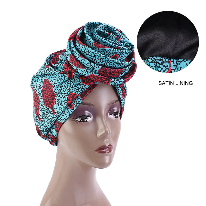 Big Flower Women's African Turban Cap Satin Lining Africa Pattern Printed Headwear Hat Female Head Wraps Ankara Hair Head Hat