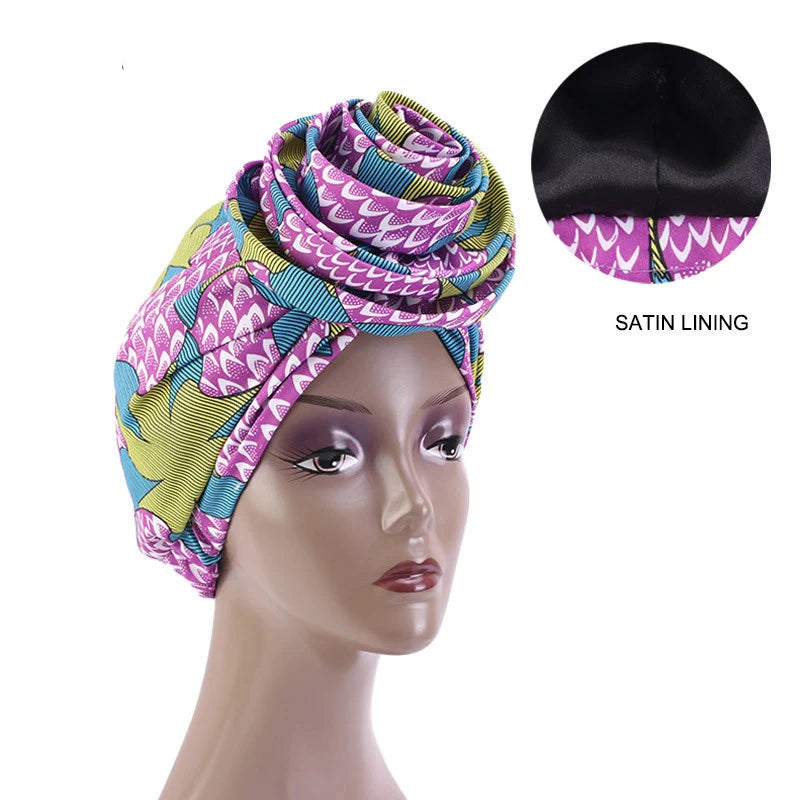 Big Flower Women's African Turban Cap Satin Lining Africa Pattern Printed Headwear Hat Female Head Wraps Ankara Hair Head Hat