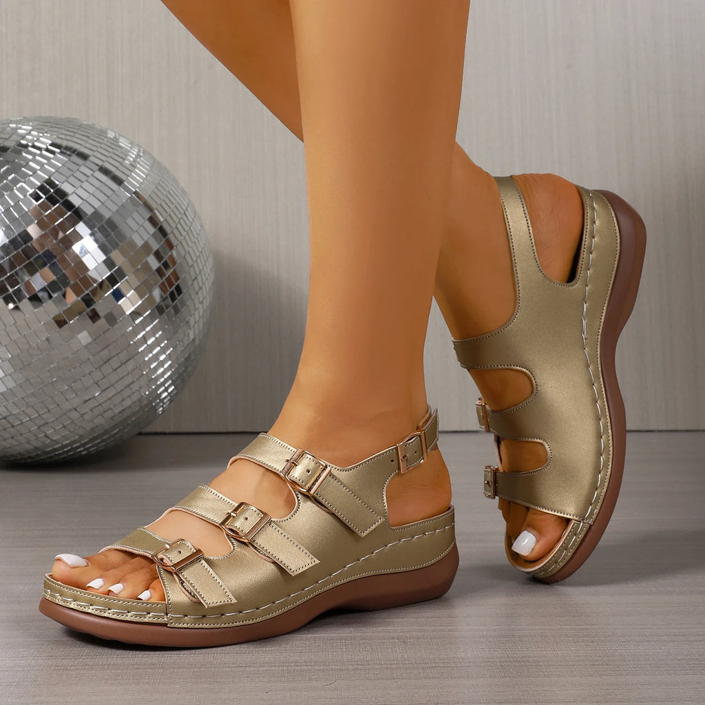 2025 New Women's Summer White Open-Toe Wedge Heel Sandals-Buckle Strap Rhinestone PU Upper Platform Rubber Outsole Comfort Daily