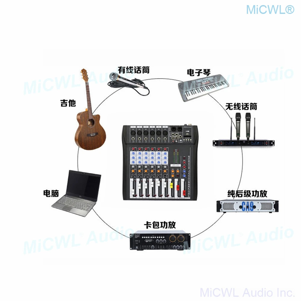 Audio-Mixer MiCWL 6 Channel Bluetooth Music USB High Bass Mixing Console MP3 Karaoke Amplifier DJ Equipment