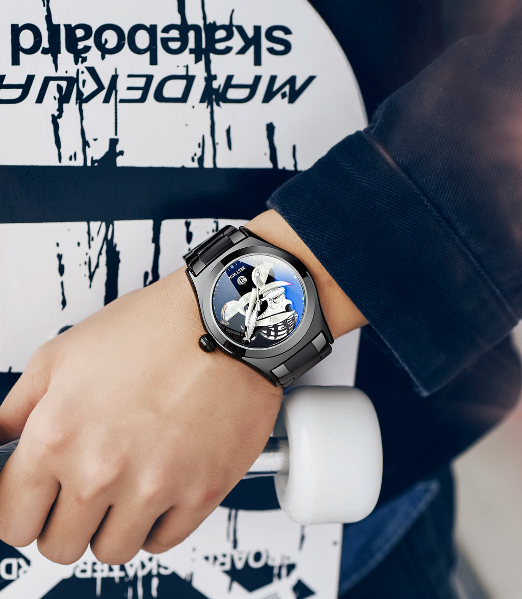 BESTWIN 6724 Fashion Men's Quartz Watch Skull 3D Engraving Automatic Date Stainless Steel Strap Luminous Waterproof Men's Watch