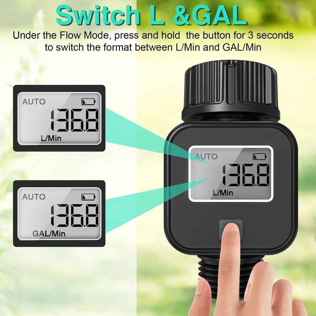 Battery Powered Garden Hose Flow Meter Digital LCD GPM LPM 0.5-8Bar Instant Water Usage Recorder for Irrigation
