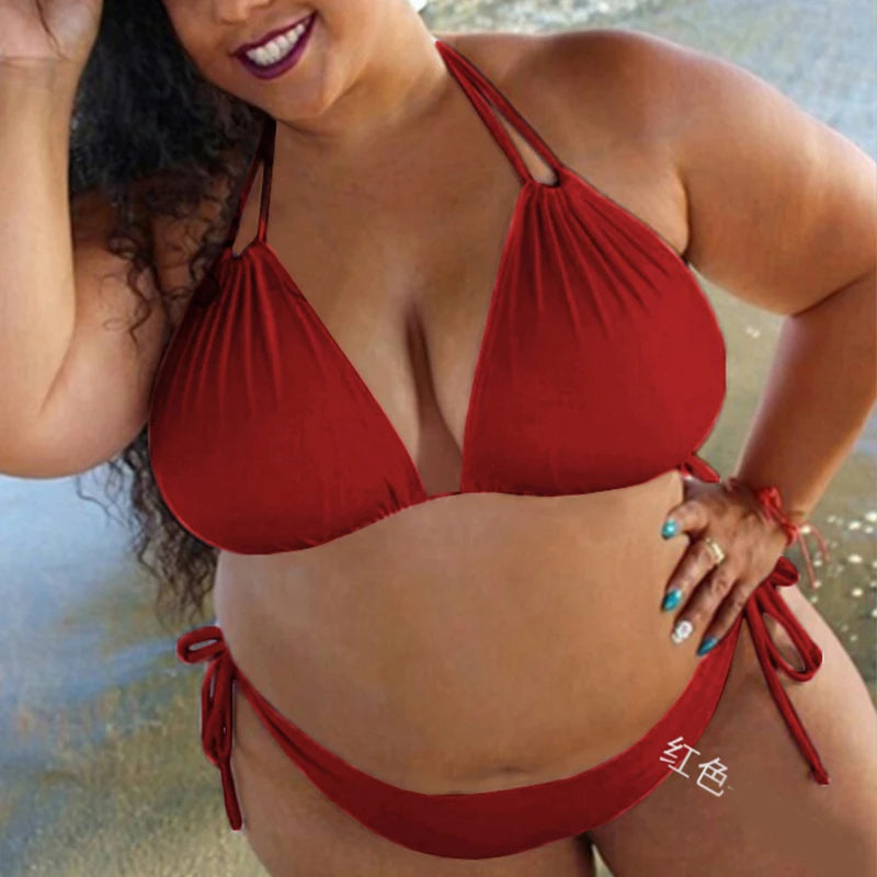 Bikini Sexy Ladies Plus Size Solid Color Straps Halter Bikini Split Swimsuit Ladies SwimwearBikini Set 2025