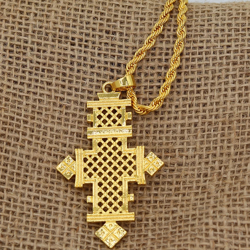 Ethiopian female Crosses  pendant 24k gold color  Pendant necklace trend in jewelry with Twist chain African cross