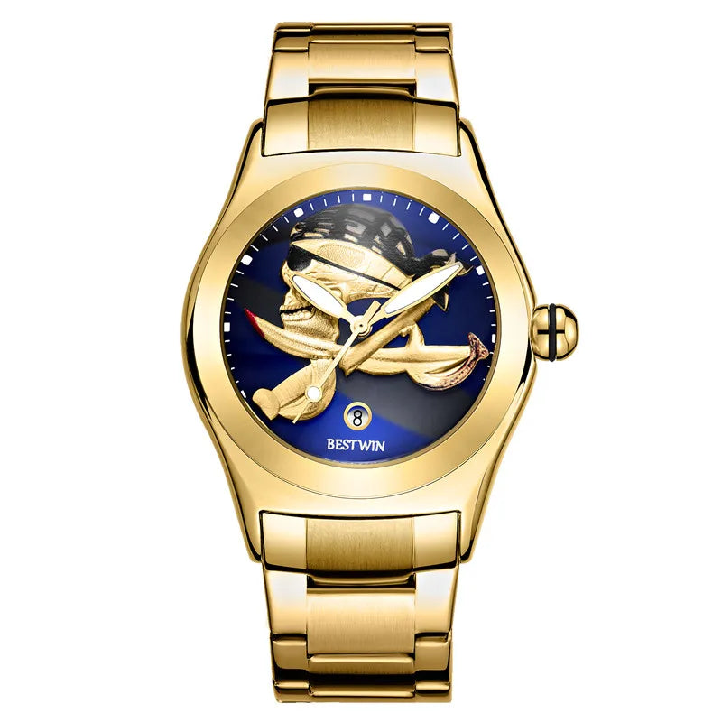 BESTWIN 6724 Fashion Men's Quartz Watch Skull 3D Engraving Automatic Date Stainless Steel Strap Luminous Waterproof Men's Watch