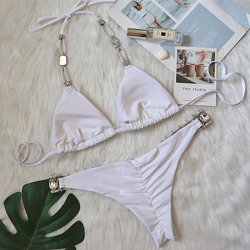 2025 Halter Shiny Crystal Diamond Bikini Women Swimsuit Female Swimwear Rhinestone Bikini Set Rhinestone Brazilian Bathing Suit