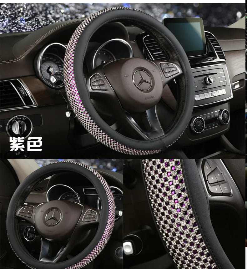 Crystal Leather Car Steering Wheel Covers Case Diamond For Women Ladies Steering Wheel Sleeve Universal Auto Handlebar Covers