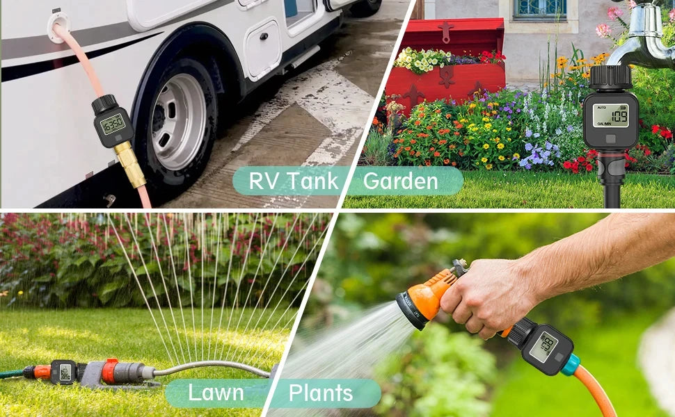 Battery Powered Garden Hose Flow Meter Digital LCD GPM LPM 0.5-8Bar Instant Water Usage Recorder for Irrigation