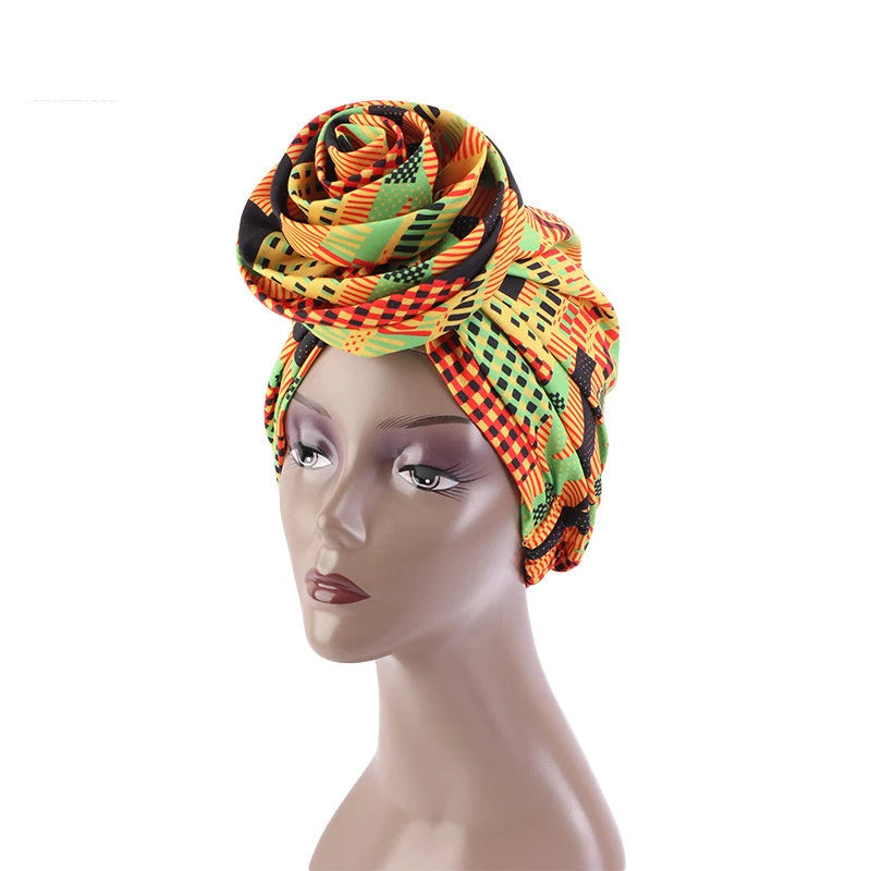 Big Flower Women's African Turban Cap Satin Lining Africa Pattern Printed Headwear Hat Female Head Wraps Ankara Hair Head Hat