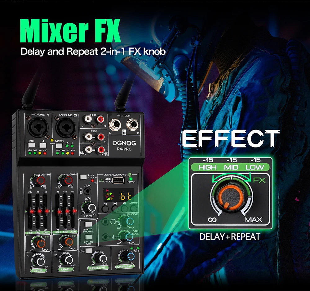 4 Channel Audio Mixer with Wireless Microphone USB Sound Table Bluetooth Console DJ Mixing for Party Karaoke Machine Soundbar