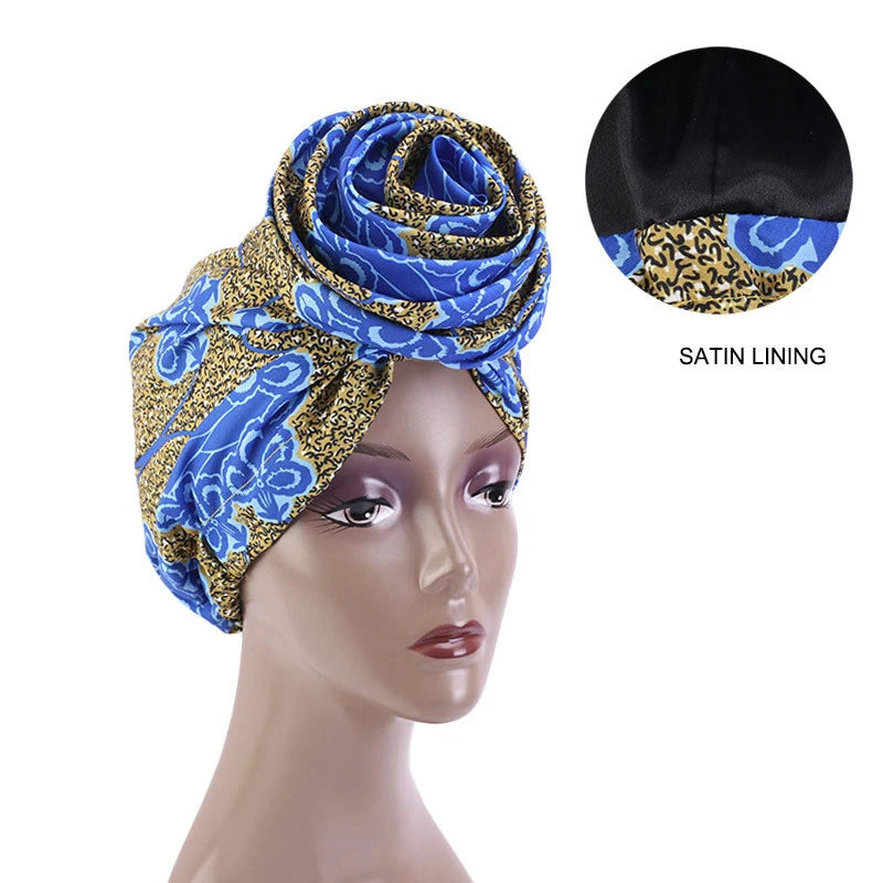 Big Flower Women's African Turban Cap Satin Lining Africa Pattern Printed Headwear Hat Female Head Wraps Ankara Hair Head Hat