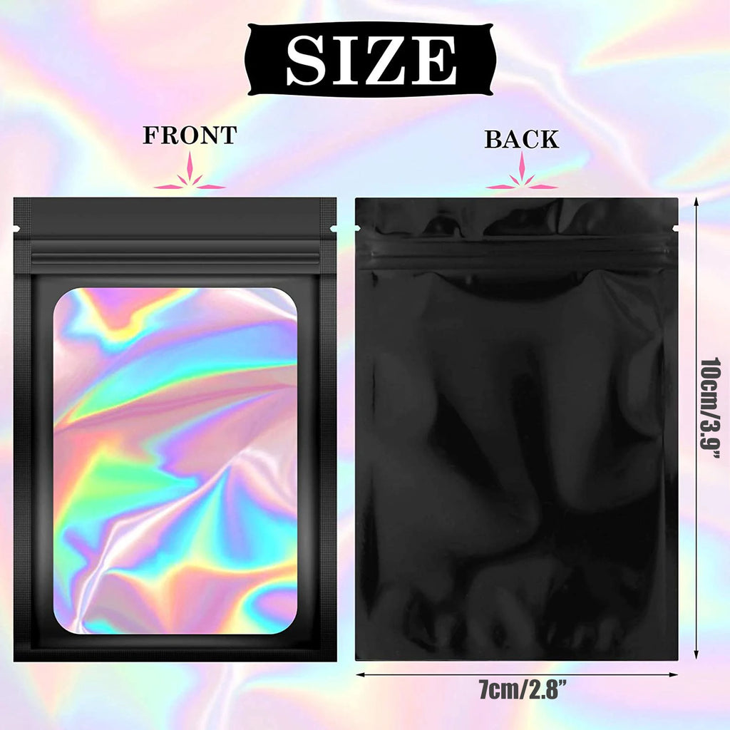 100pcs Iridescent Zip Lock Bags Smell Proof Mylar Bags Resealable Odor Proof Bags Holographic Makeup Bags Hologram Zipper Bags