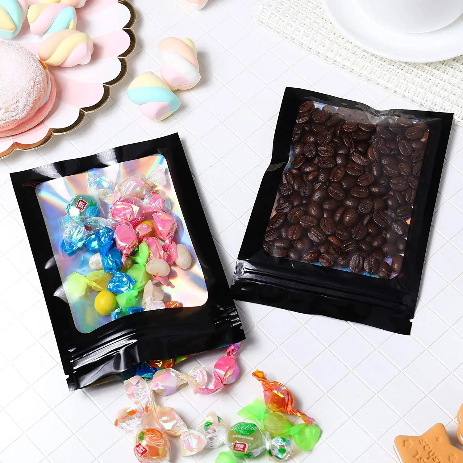 100pcs Iridescent Zip Lock Bags Smell Proof Mylar Bags Resealable Odor Proof Bags Holographic Makeup Bags Hologram Zipper Bags